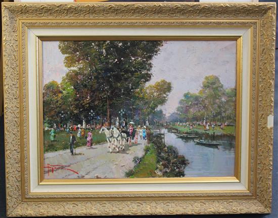 A. Azavina Edwardian park scene, 20 x 28in.